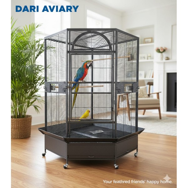 Image showcasing Jumbo Corner Parrot Cage, Black – 163cm Height, Pentagonal Diamond ...
